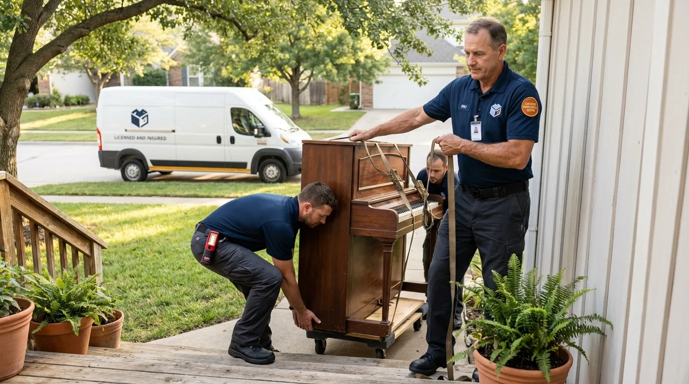 Licensed piano movers securing grand piano in Hahira, GA