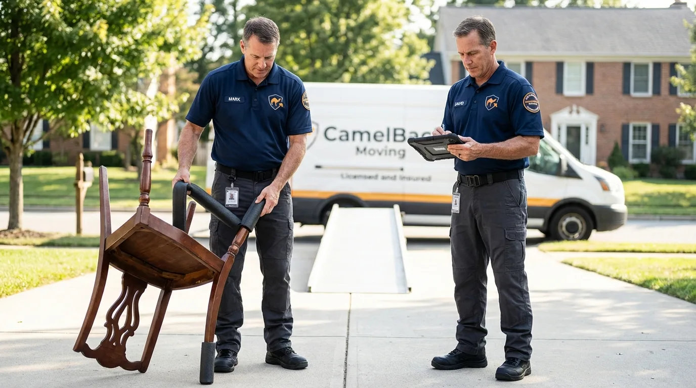 Movers inspecting furniture for damage prevention before loading in Hahira, GA