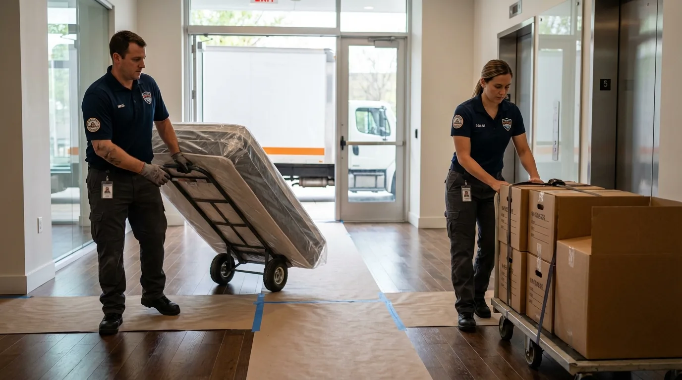 Professional apartment movers loading elevator in Hahira, GA